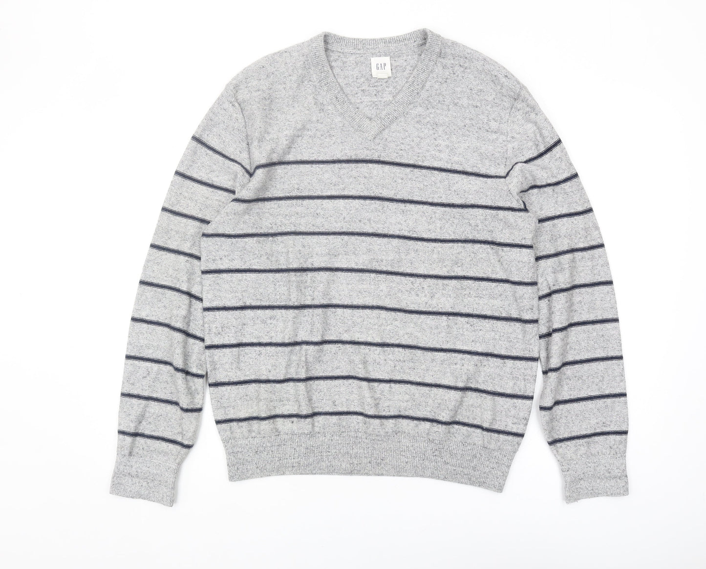 GAP Men's Grey Striped V-Neck Pullover Jumper M