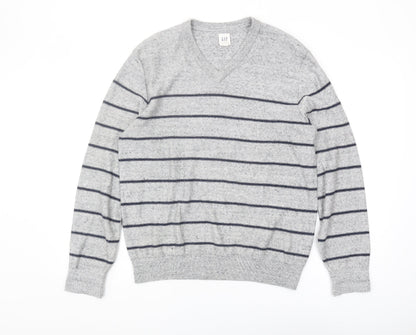 GAP Men's Grey Striped V-Neck Pullover Jumper M