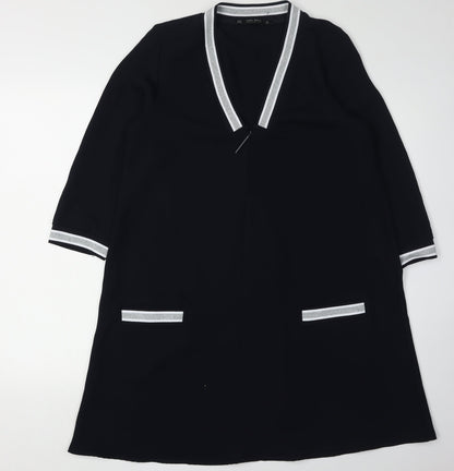 Zara Women Black 3/4 Sleeve V-Neck Dress M