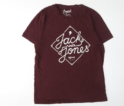 Jack & Jones Mens Red Graphic T-Shirt, Size L, Crew Neck