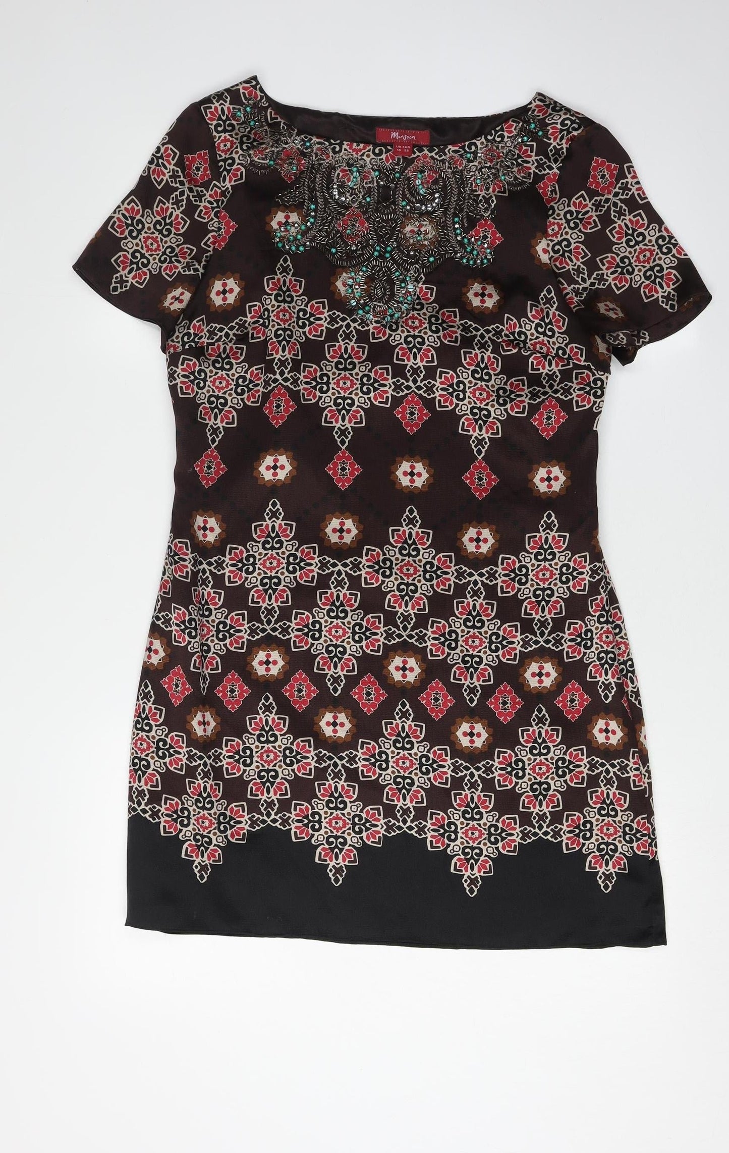 Monsoon Women's Brown Geometric Silk Dress Size 10