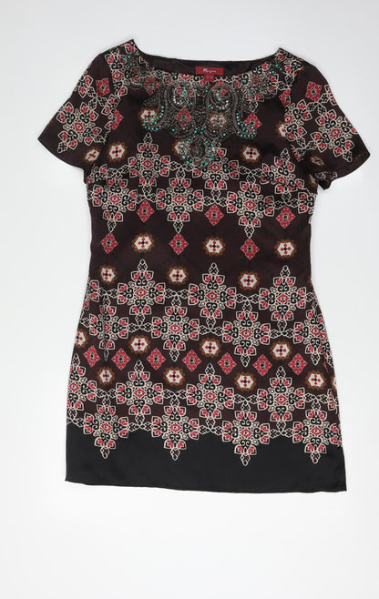 Monsoon Women's Brown Geometric Silk Dress Size 10
