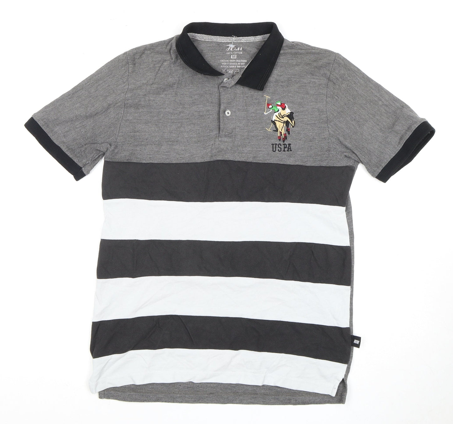 Grey Striped Men's Polo, M, Cotton, Short Sleeve