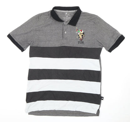 Grey Striped Men's Polo, M, Cotton, Short Sleeve