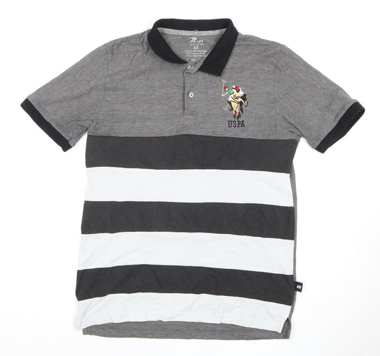 Grey Striped Men's Polo, M, Cotton, Short Sleeve