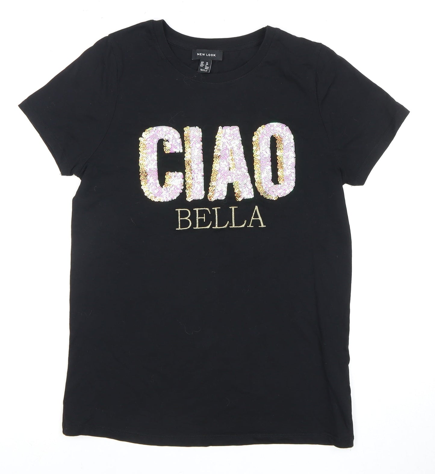New Look Women's Black Embroidered T-Shirt UK 10