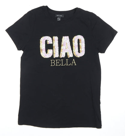 New Look Women's Black Embroidered T-Shirt UK 10