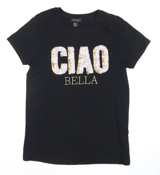 New Look Women's Black Embroidered T-Shirt UK 10