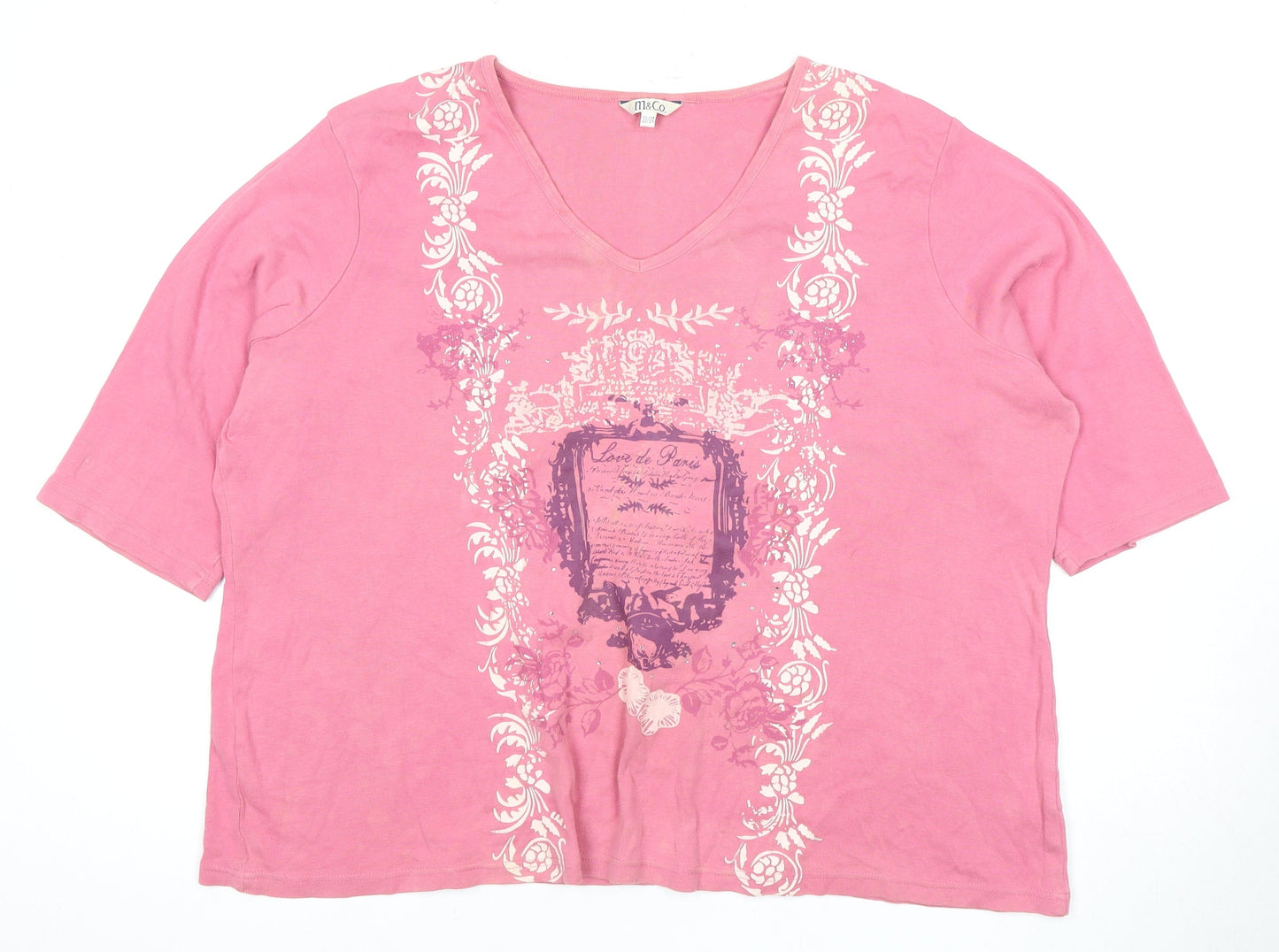 M&Co Women's Pink V-Neck T-Shirt, Size 16, 3/4 Sleeve