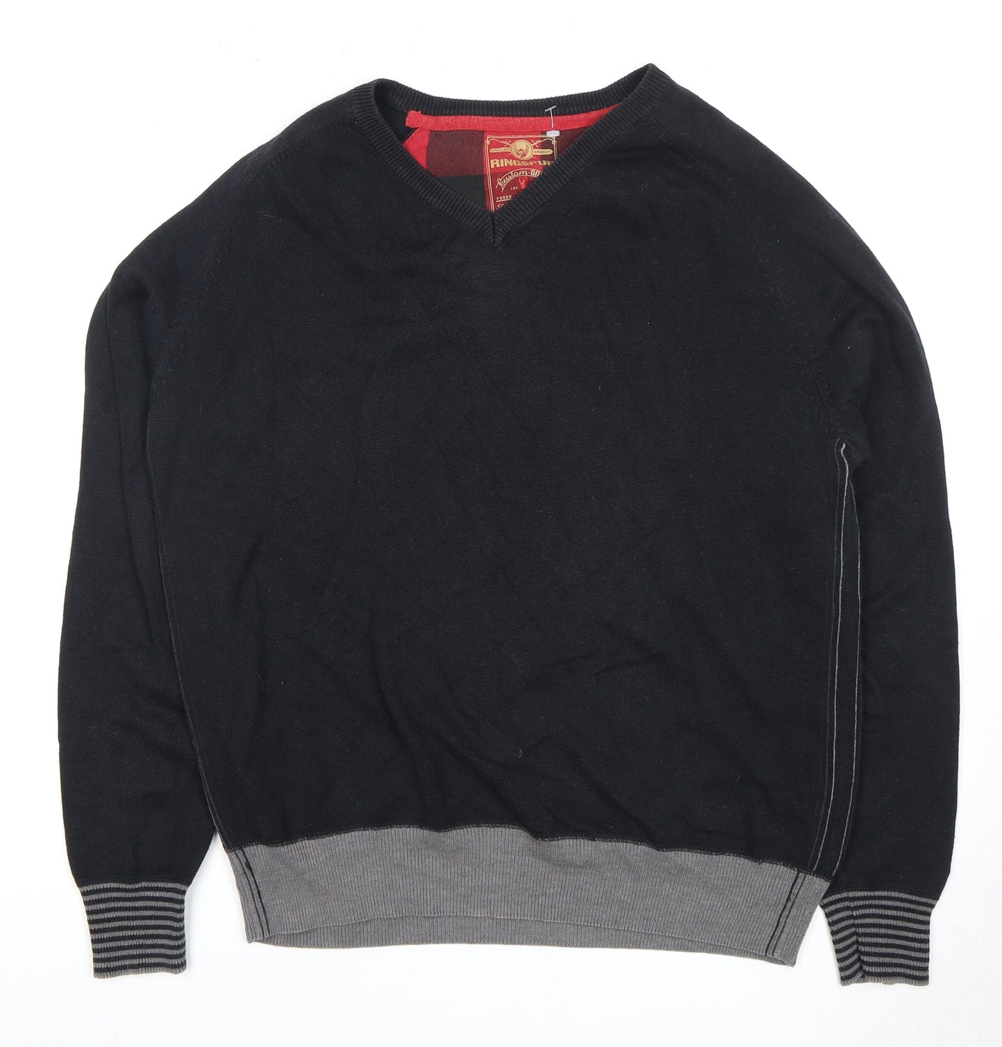 Ringspun Men's Black Pullover Jumper - Size L, V-Neck
