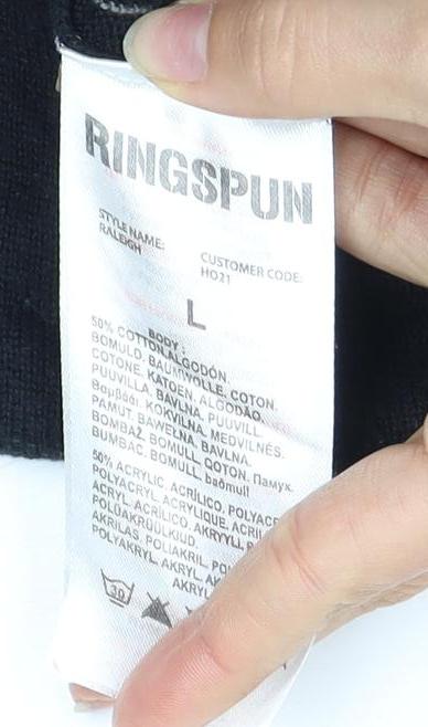Ringspun Men's Black Pullover Jumper - Size L, V-Neck