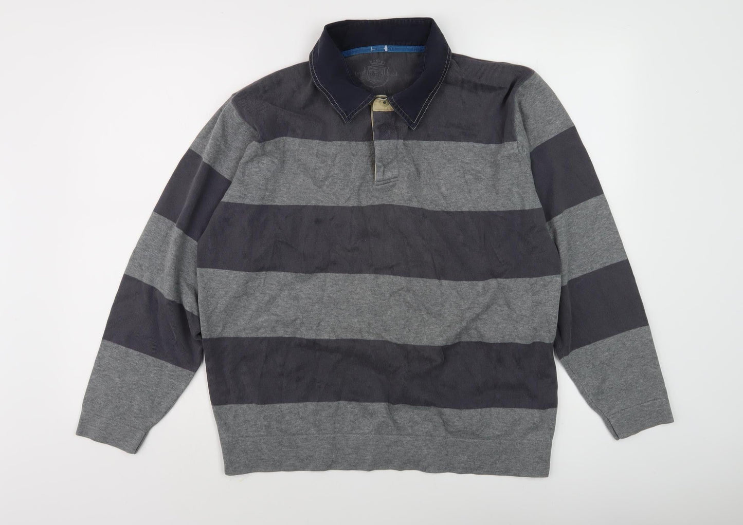 Marks and Spencer Men's Grey Striped Polo, L, Long Sleeve