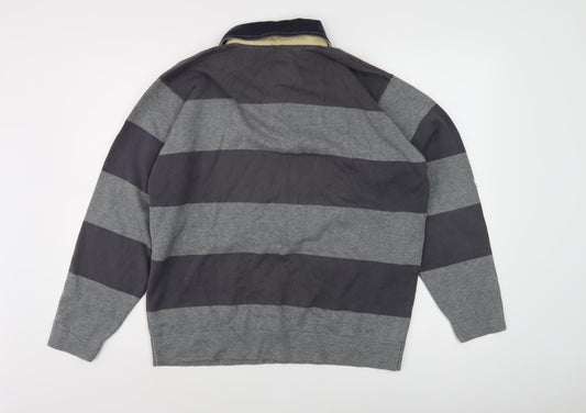Marks and Spencer Men's Grey Striped Polo, L, Long Sleeve
