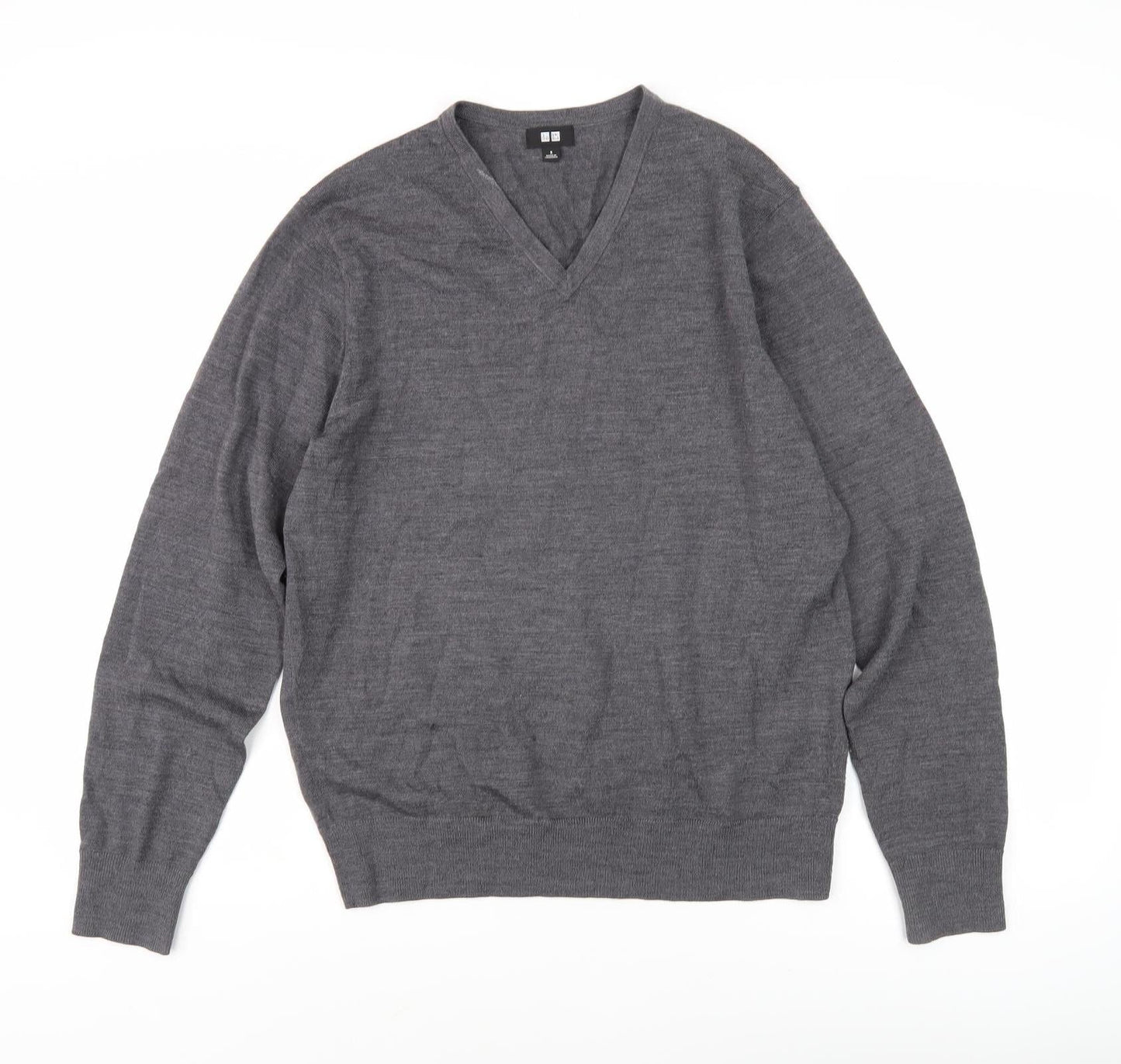 Uniqlo Men's Grey Wool V-Neck Pullover Jumper, Size S