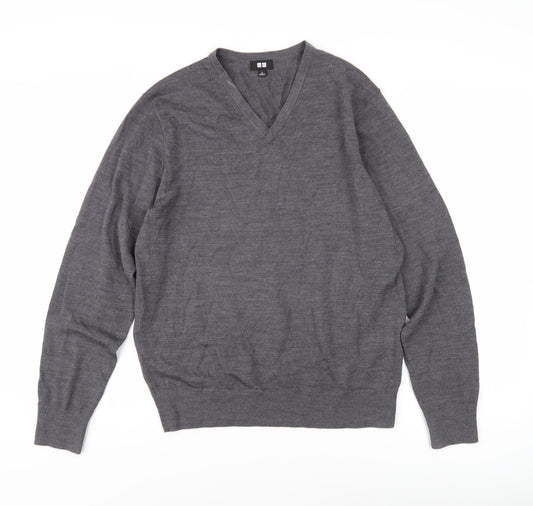 Uniqlo Men's Grey Wool V-Neck Pullover Jumper, Size S