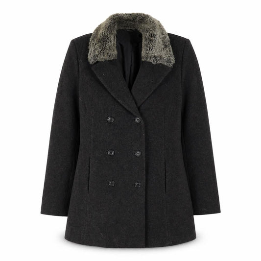 Front view of Nuage Women's Black Wool Pea Coat, size 12, Fur Trim