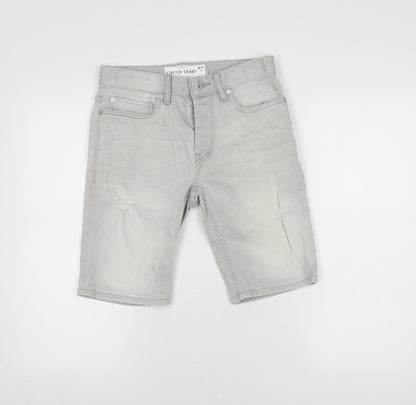 Topman Men's Grey Slim Fit Distressed Shorts Size 28