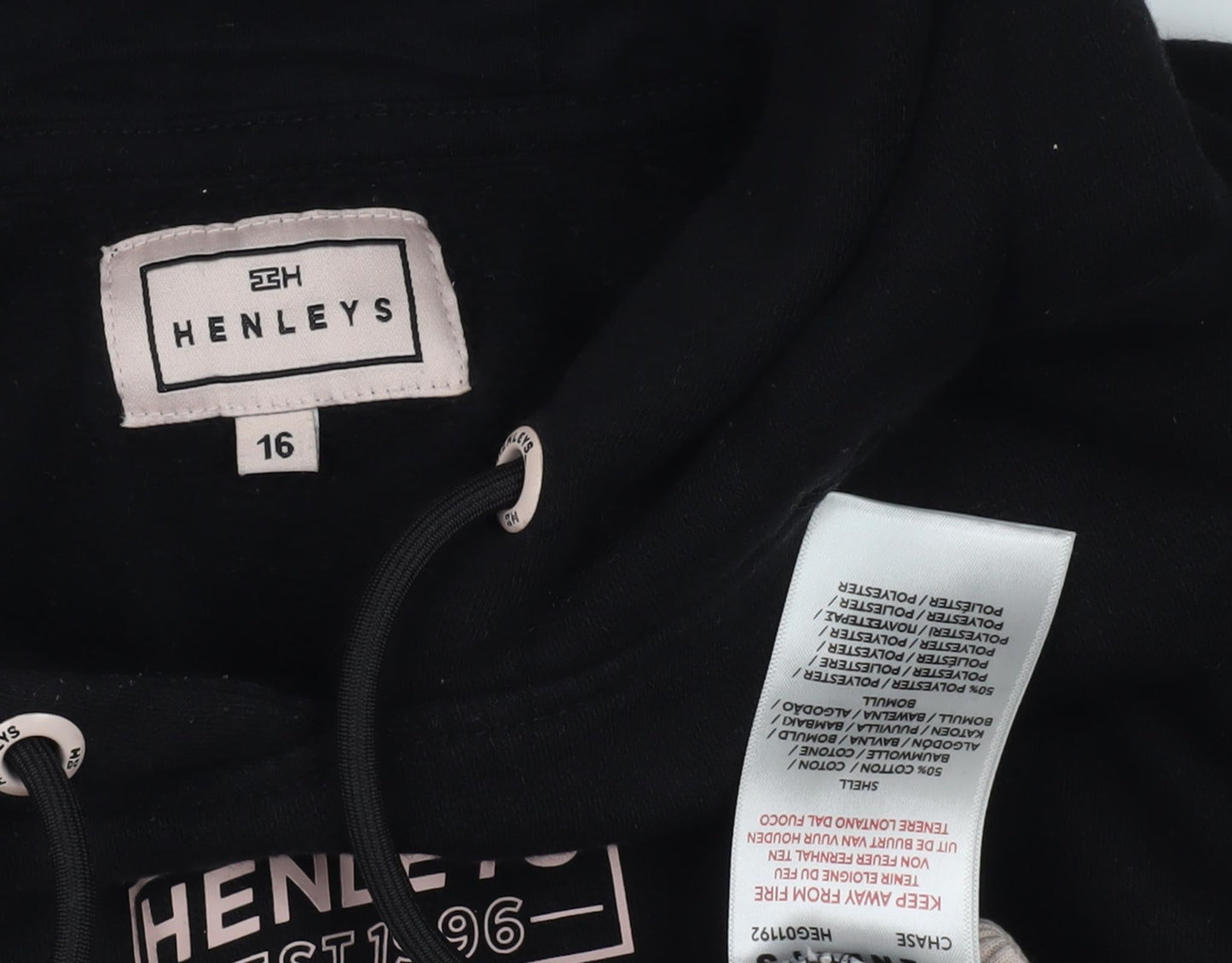 Henleys Unisex Black Beige Pullover Hoodie Size 16