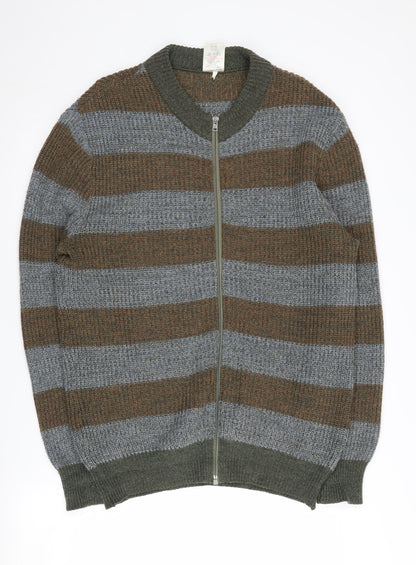 St Michael Men's Brown Full Zip Striped Jumper L