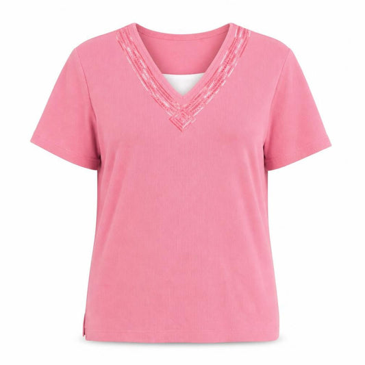 Front view of Bm Pink Women's V-Neck T-Shirt, size M