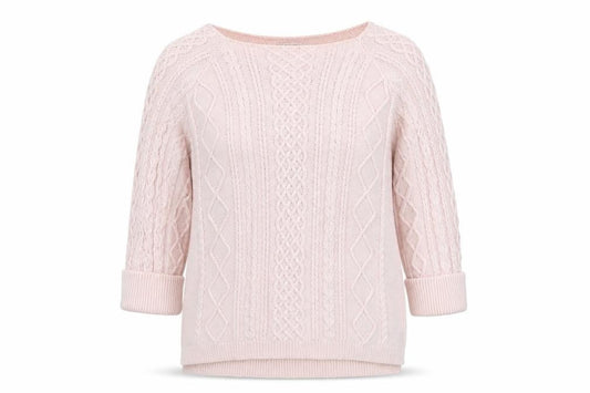Front view of TRU Women's Pink Cotton Cable-Knit Jumper, size S, Knit