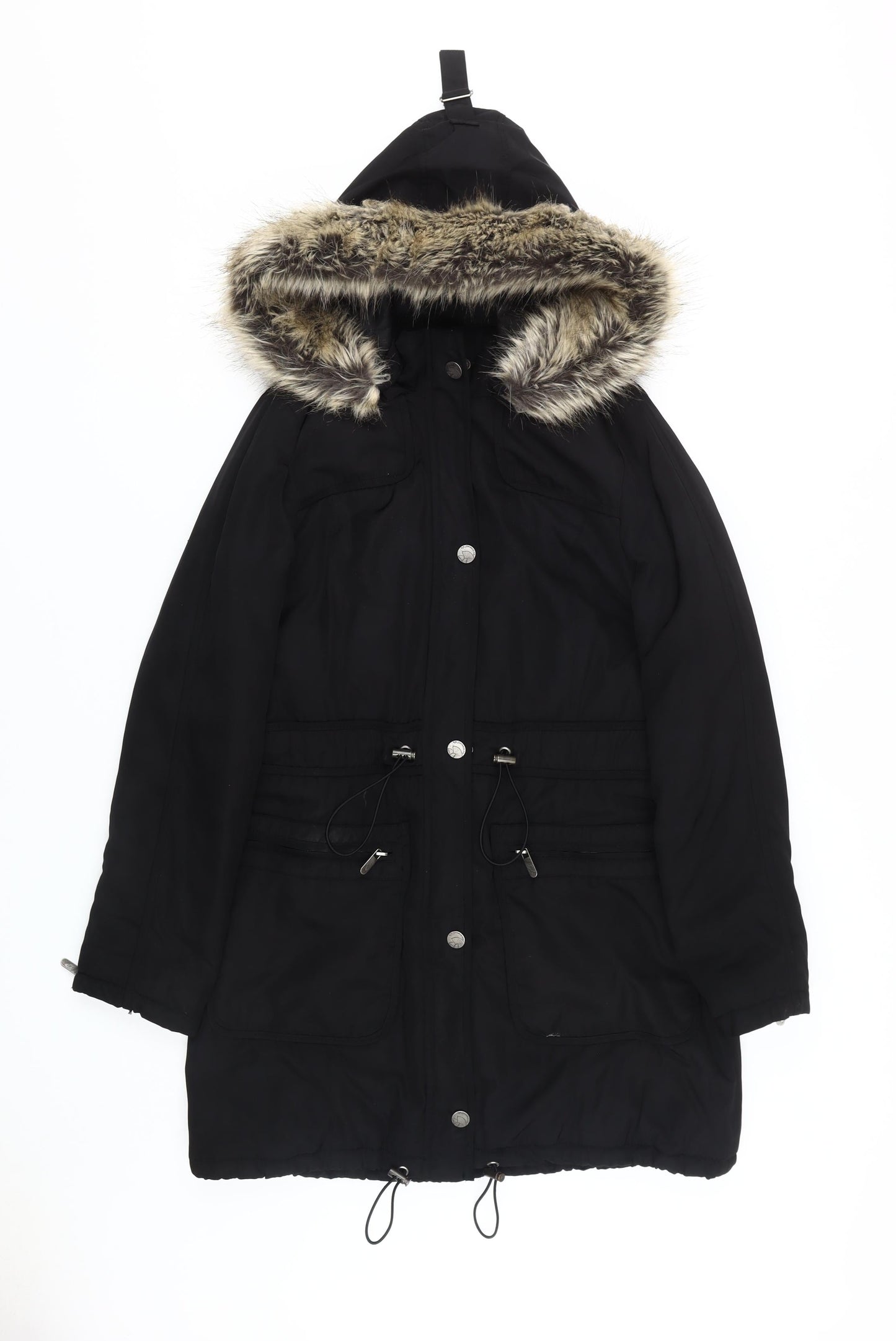 RJR John Rocha Women's Black Long Parka Fur Trim - Size 12