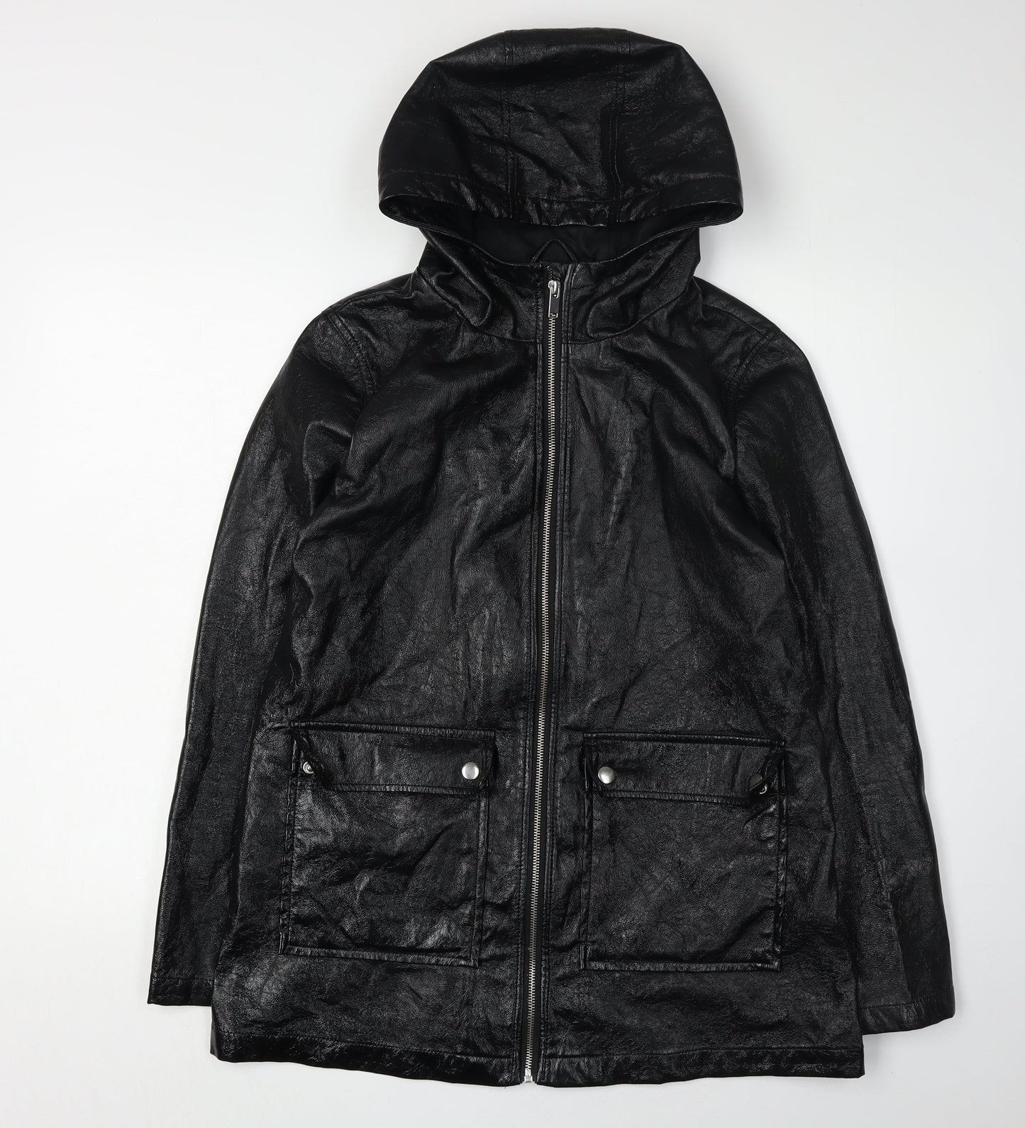 915 Girls Black Hooded Long Jacket, Size 14-15 Years