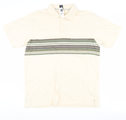 GAP Men's Beige Striped Polo Shirt Medium