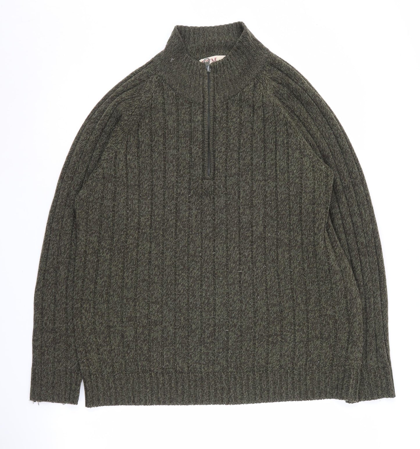 EWM Men's Green Full Zip Cable-Knit Jumper M