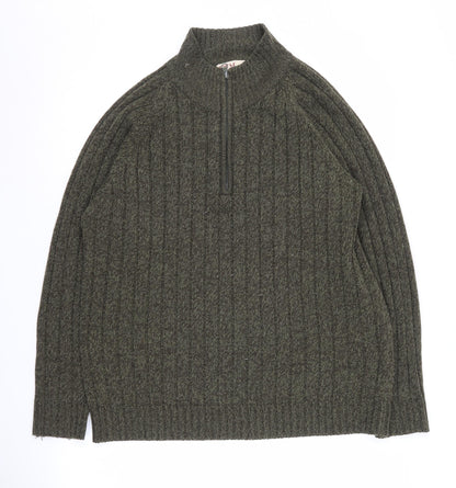 EWM Men's Green Full Zip Cable-Knit Jumper M