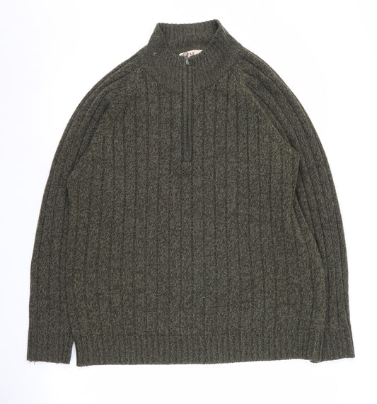 EWM Men's Green Full Zip Cable-Knit Jumper M