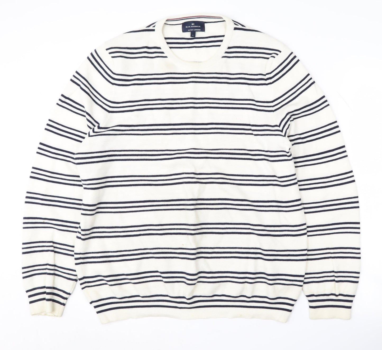 Blue Harbour Men's Ivory Striped Cotton Cashmere Jumper L