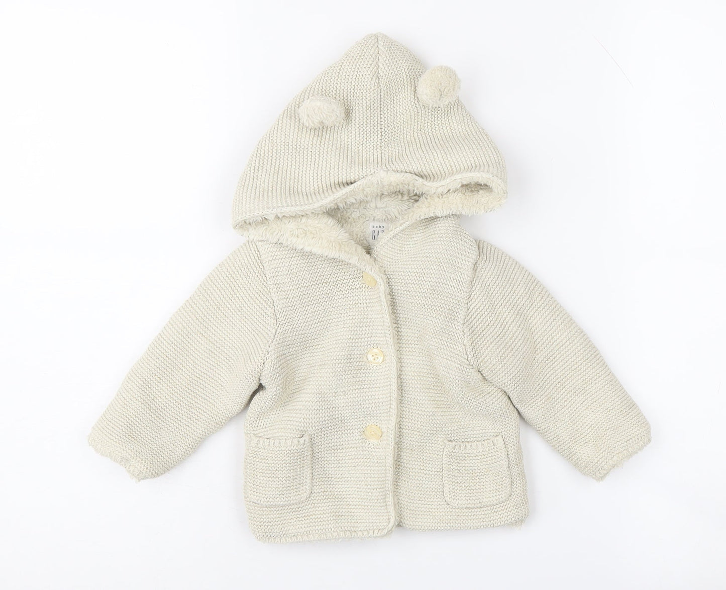 GAP Unisex Baby White Hooded Knit Coat 6-12 Months