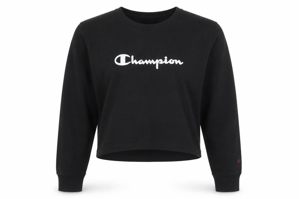 Front view of Champion unisex black pullover sweatshirt l