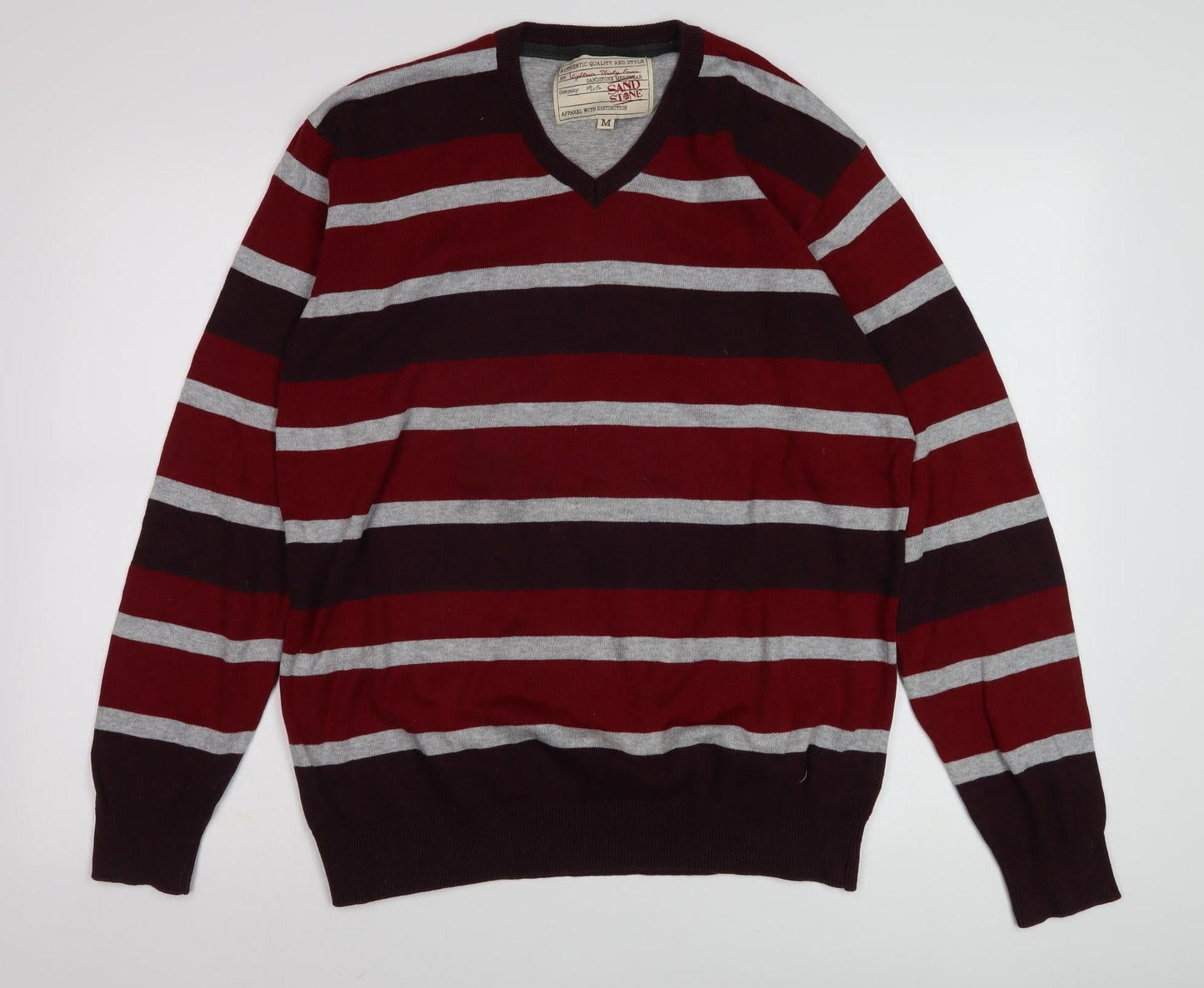 Sandstone Men's M Red Striped V-Neck Jumper