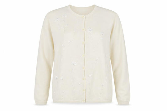 Front view of Akal Women's Ivory Cardigan, size M, - Elegant Floral
