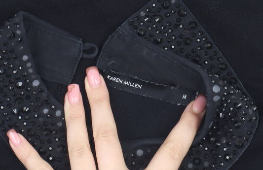 Karen Millen Women's Black Collared Jumper, M, Beaded Detail