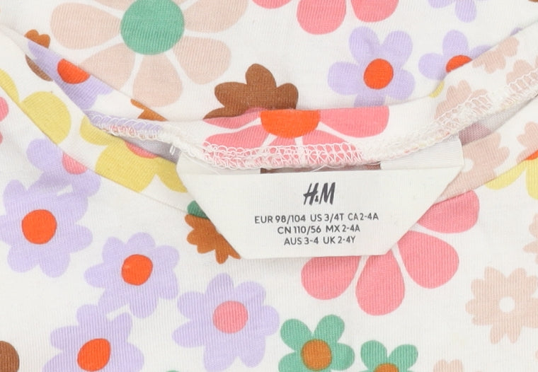H&M Girls Floral Multicoloured Cotton T-Shirt 2-4 Years