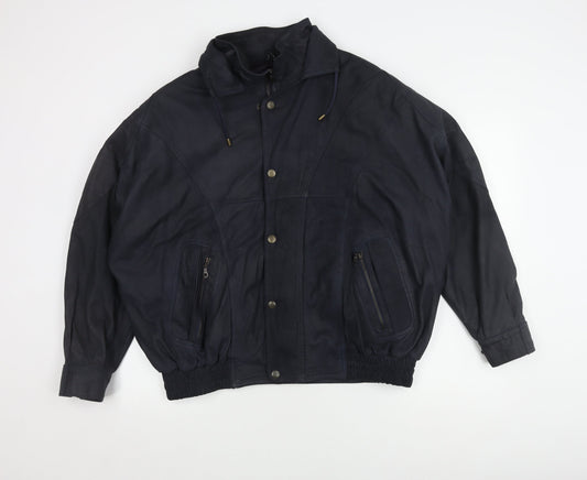 AND Men's Black Leather Bomber Jacket L Casual