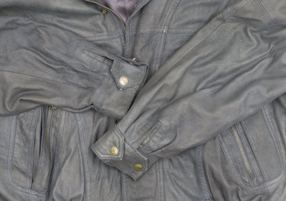 AND Men's Black Leather Bomber Jacket L Casual