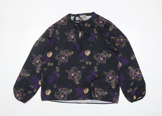 Mantaray Women's Black Floral Tunic Blouse Size 16