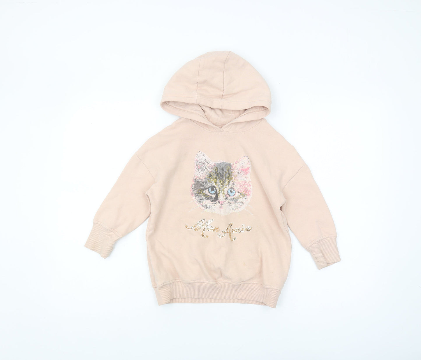 Next Girls Beige Cat Hoodie, 5 Years, Graphic Print Pullover