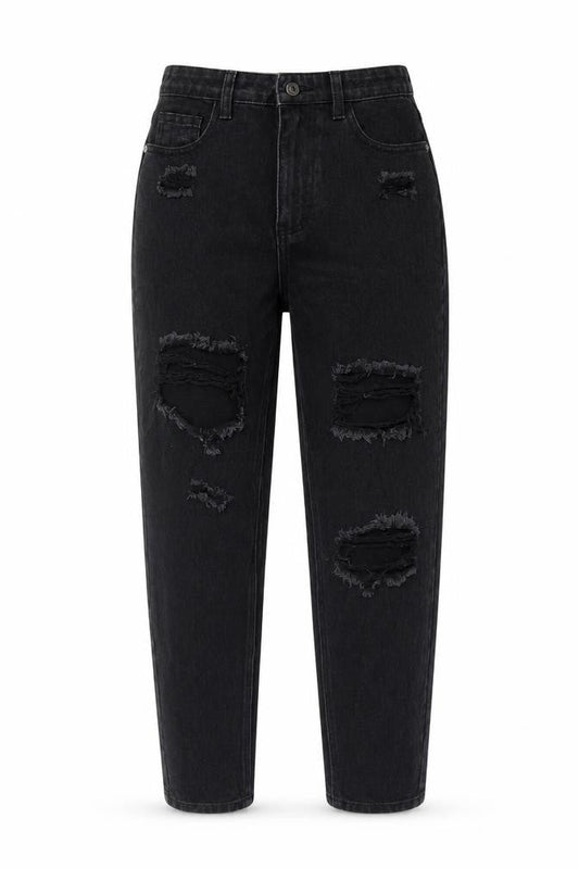 Front view of PRETTYLITTLETHING Black Mom Jeans UK 8 Distressed Style