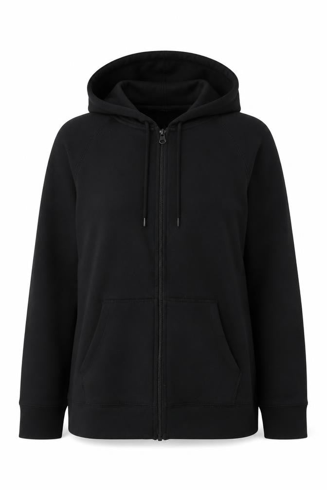 Front view of Champion unisex black full zip hoodie, size L