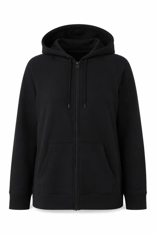 Front view of Champion unisex black full zip hoodie, size L