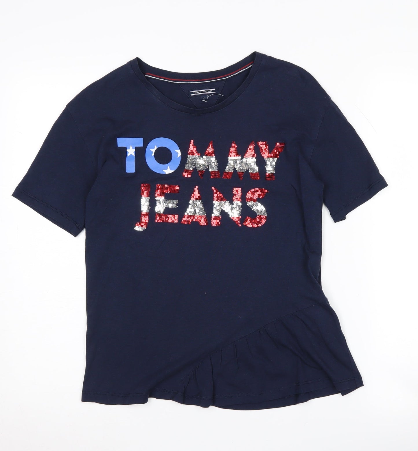 Tommy Hilfiger Girls Blue T-Shirt, Size 164, Graphic Sequin Logo