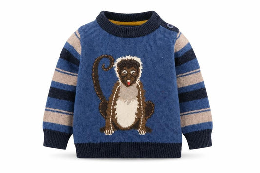 Monsoon Unisex Blue Animal Jumper 6-9 Months, Cotton Wool Blend