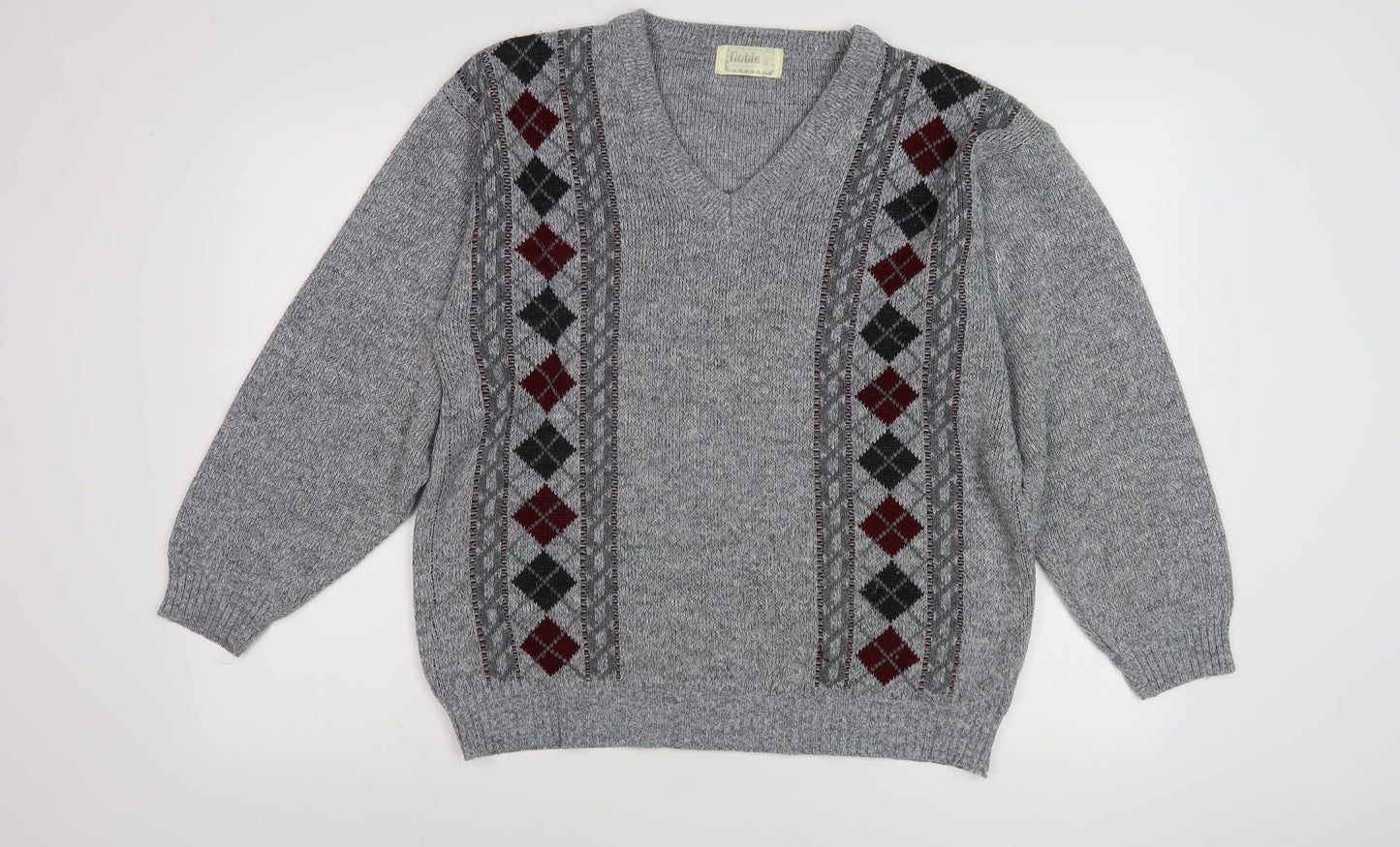 Noble Men's Grey Argyle Knit Pullover Jumper, Size S