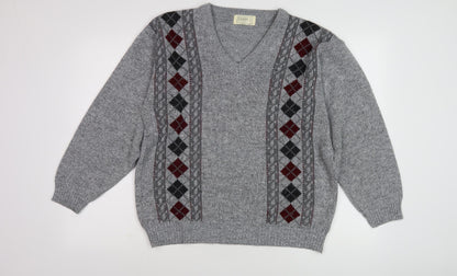 Noble Men's Grey Argyle Knit Pullover Jumper, Size S
