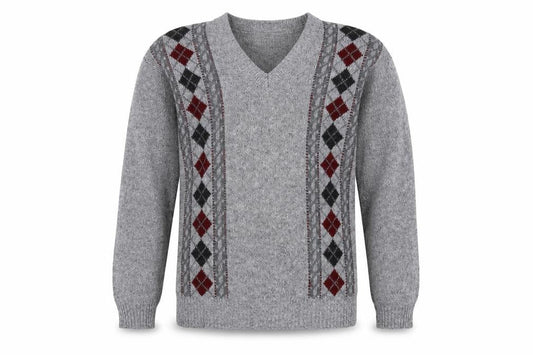 Noble Men's Grey Argyle Knit Pullover Jumper, Size S